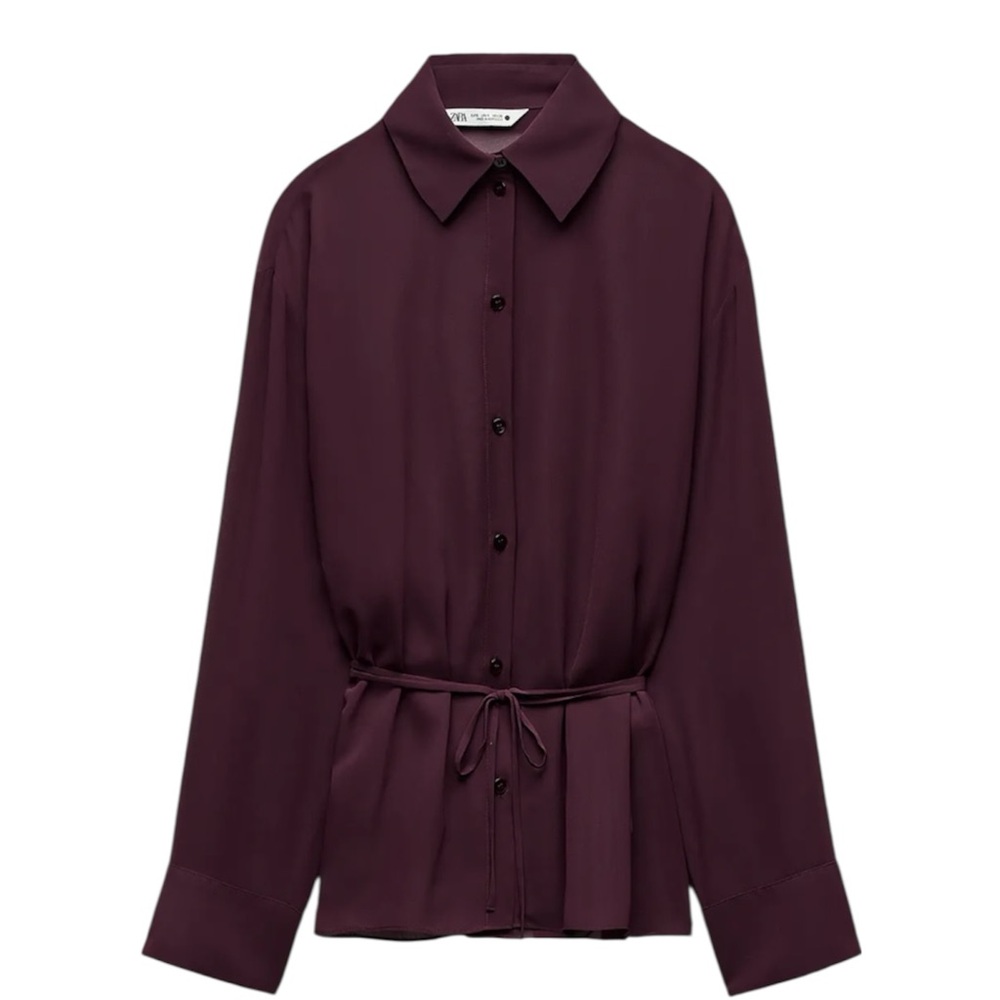 Sheer Burgundy Flowy Blouse Tie Waist Button Up EUR M 100% Polyester New